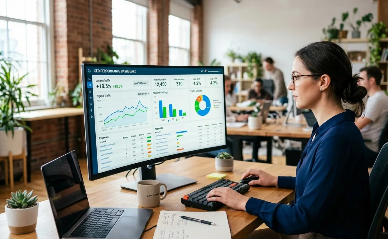 A specialist reviewing an SEO performance dashboard while the team works in the background