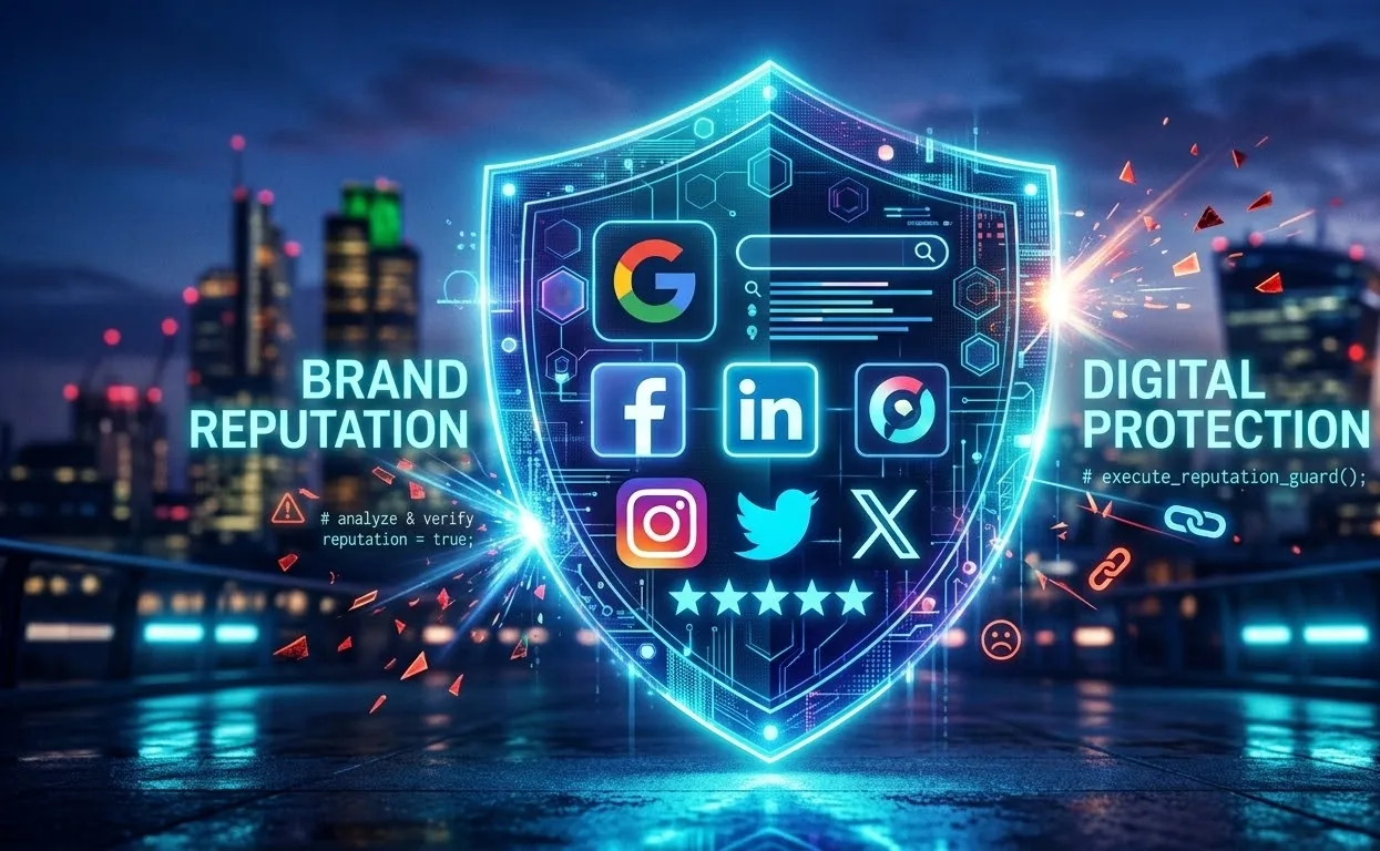 A shield over social platform icons, representing brand reputation protection