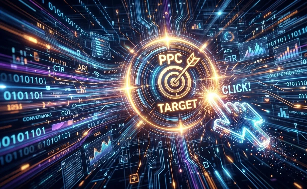 A glowing target at the centre of streaming campaign data, representing paid search targeting