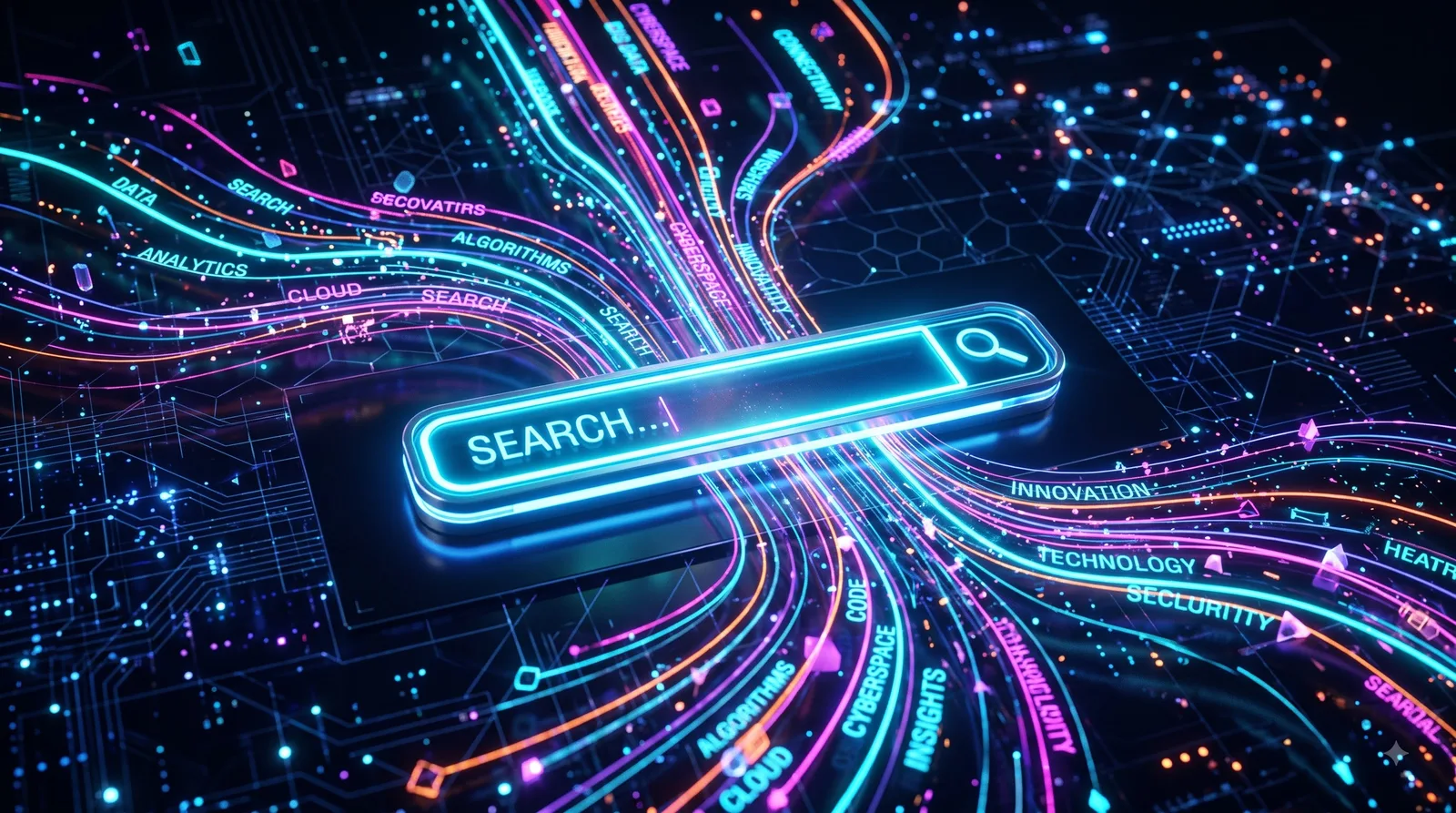 Streams of search and analytics data converging on a glowing search bar