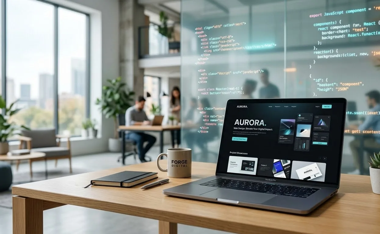 A laptop on a studio desk showing a website design, with code overlaid on the glass wall behind
