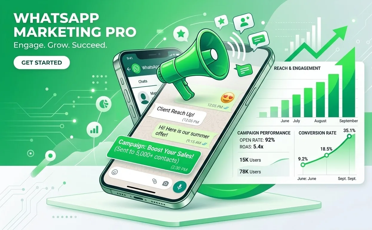 A WhatsApp campaign on a phone beside reach, open rate and conversion charts