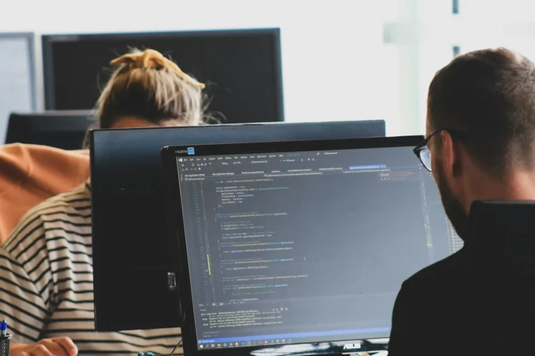 Two developers working on code at monitors in a bright office