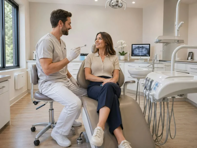 Dentist talking with a patient in a bright, modern dental clinic