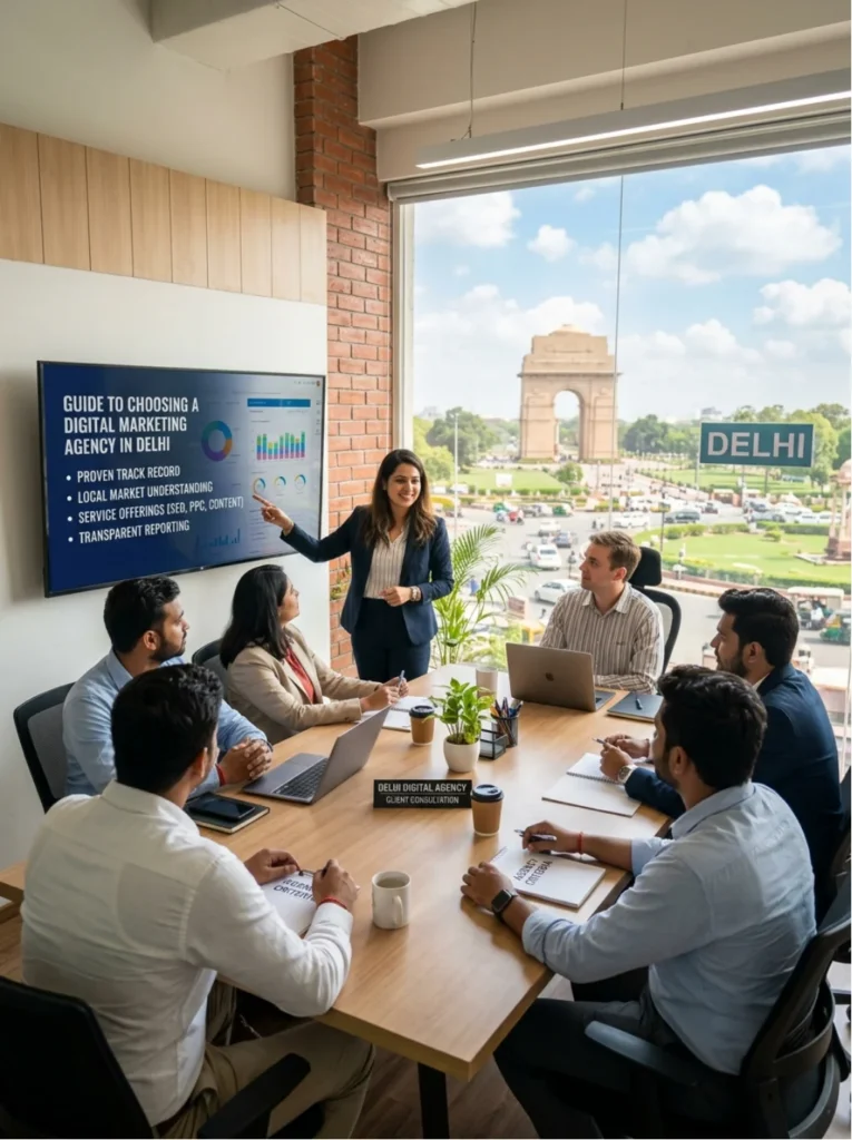 Team meeting in a Delhi office discussing a digital marketing agency selection guide
