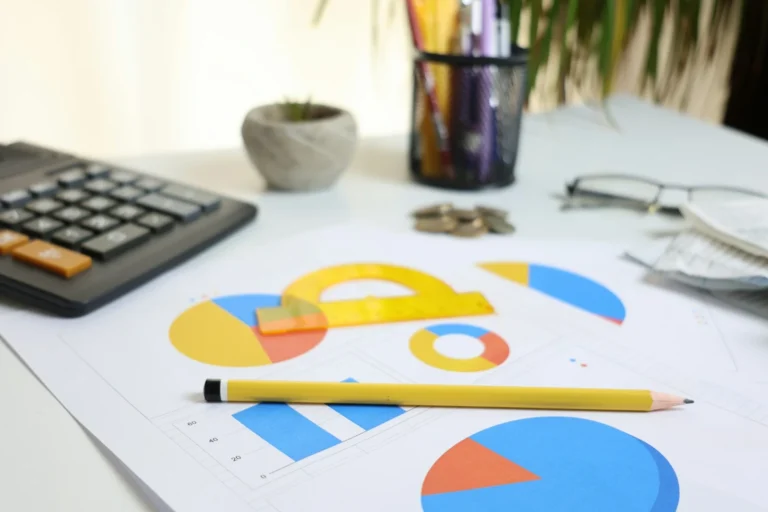 Desk with a calculator, pie charts and a pencil laid out for budget planning