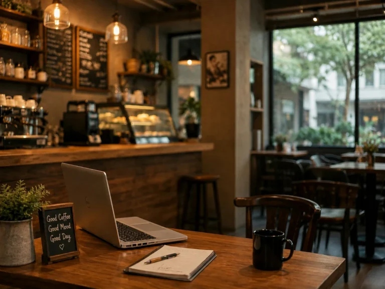 Cafe counter with a laptop, notebook and coffee mug on a wooden table