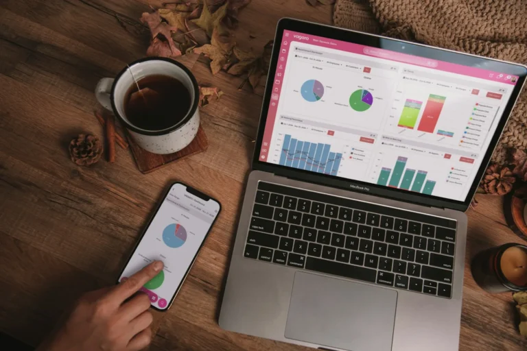 Laptop and phone showing a review monitoring dashboard with charts