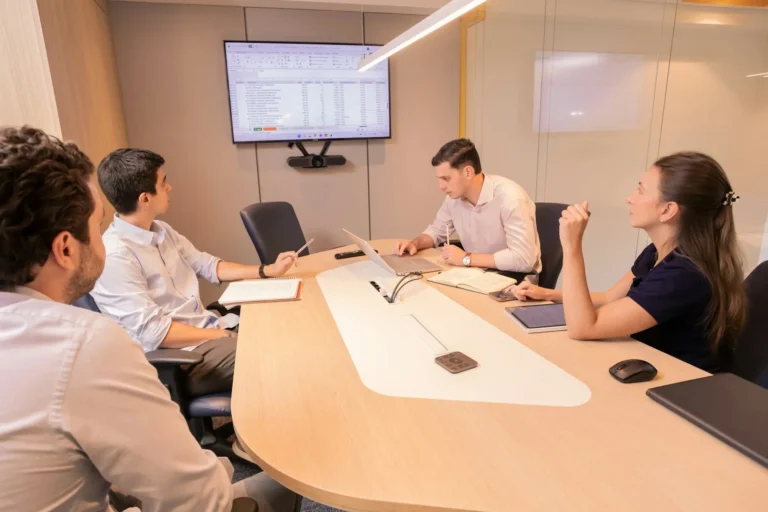 Hospital team around a meeting table planning the first 90 days of hospital marketing